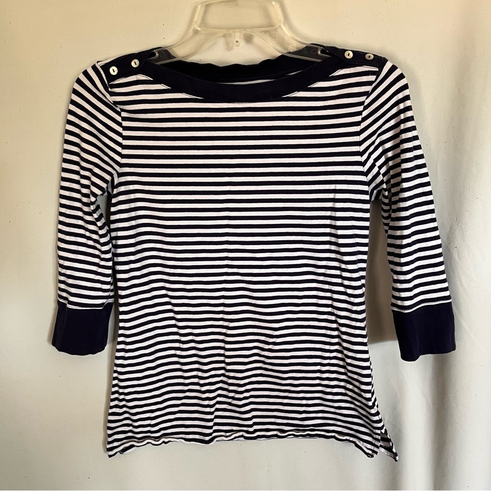 White Stag navy and white striped quarter sleeve shirt with buttons size small